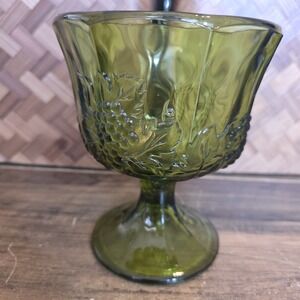 Indiana Glass Harvest‎ Grape Avocado Green Compote Candy Dish Vintage